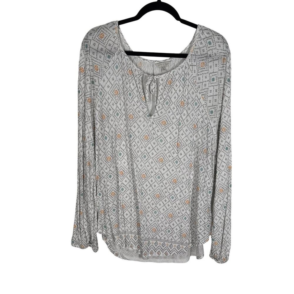 Lucky Brand Women XL White Multi Long Sleeve Woodblock Drop Needle Peasant Top